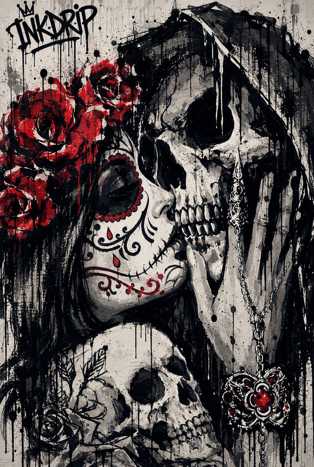 InkDrip Eternal Embrace – Gothic Skull Rose Art Tee